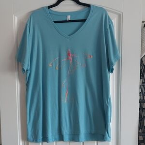 Blue V-Neck T-Shirt with Pink Graphic